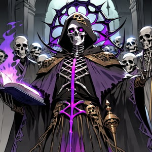 score_9, score_8_up, score_7_up, source_anime, speedlines, expressive, best quality, detailed eyes, perfect face, perfect hands, image focus on lich, (1man, lich, skeleton, undead), (skull face), black robe, glowing purple eyes, hooded, book of death, staff of decay, souls, soul magic, dark, magic, necromancer, undead, evil, army of dead, undead warriors. zombies, ghosts, dread, fear,