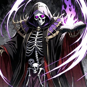 score_9, score_8_up, score_7_up, source_anime, speedlines, expressive, best quality, detailed eyes, perfect face, perfect hands, image focus on lich, (1man, lich, skeleton, undead), (skull face), black robe, glowing purple eyes, hooded, book of death, staff of decay, souls, soul magic, dark, magic, necromancer, undead, evil, ((burning a pair of red greatpants), dread, fear,