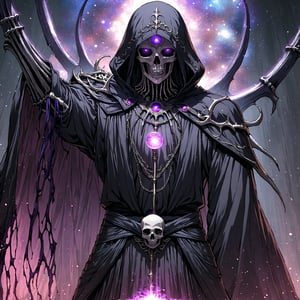 score_9, score_8_up, score_7_up, source_anime, speedlines, expressive, best quality, detailed eyes, perfect face, perfect hands, ((dark celestialskin body, Celestrial, void cosmic body, Universe)), (male), (lich) skeleton, towering, bulky, glowing purple eyes, skull mask, hooded, black robe, dark magic, soul magic, necromancer, souls, looking at viewer, ((manical laughter)), Evil,hkstyle