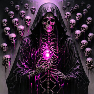 score_9, score_8_up, score_7_up, source_anime, speedlines, expressive, best quality, detailed eyes, perfect face, perfect hands, image focus on lich, (1man, lich, skeleton, undead), (skull face), black robe, glowing purple eyes, hooded, book of death, staff of decay, souls, soul magic, dark, magic, necromancer, undead, evil, ((burning a pair of red greatpants), dread, fear,