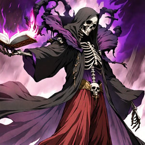 score_9, score_8_up, score_7_up, source_anime, speedlines, expressive, best quality, detailed eyes, perfect face, perfect hands, image focus on lich, (1man, lich, skeleton, undead), (skull face), black robe, glowing purple eyes, hooded, book of death, staff of decay, souls, soul magic, dark, magic, necromancer, undead, evil, ((burning a pair of red greatpants), dread, fear,csr style