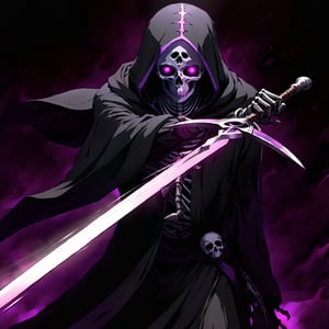 score_9, score_8_up, score_7_up, source_anime, speedlines, expressive, best quality, detailed eyes, perfect face, perfect hands, image focus on lich, (1man, lich, skeleton, undead), (skull face), black robe, glowing purple eyes, hooded, red, holding cursed long sword, pointing sword at viewer, necromancer, dark magic, soul magic, souls, evil, darkness, dread, fear, sinister,csr style