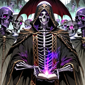 score_9, score_8_up, score_7_up, source_anime, speedlines, expressive, best quality, detailed eyes, perfect face, perfect hands, image focus on lich, (1man, lich, skeleton, undead), (skull face), black robe, glowing purple eyes, hooded, book of death, staff of decay, souls, soul magic, dark, magic, necromancer, undead, evil, army of dead, undead warriors. zombies, ghosts, dread, fear,