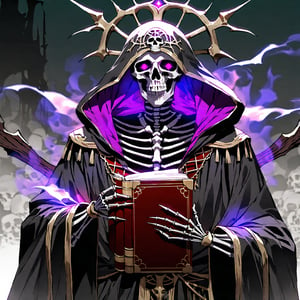 score_9, score_8_up, score_7_up, source_anime, speedlines, expressive, best quality, detailed eyes, perfect face, perfect hands, image focus on lich, (1man, lich, skeleton, undead), (skull face), black robe, glowing purple eyes, hooded, book of death, staff of decay, souls, soul magic, dark, magic, necromancer, undead, evil, ((burning a pair of red greatpants), dread, fear,floox style