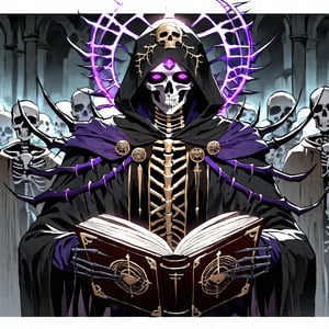 score_9, score_8_up, score_7_up, source_anime, speedlines, expressive, best quality, detailed eyes, perfect face, perfect hands, image focus on lich, (1man, lich, skeleton, undead), (skull face), black robe, glowing purple eyes, hooded, book of death, staff of decay, souls, soul magic, dark, magic, necromancer, undead, evil, army of dead, undead warriors. zombies, ghosts, dread, fear,floox style