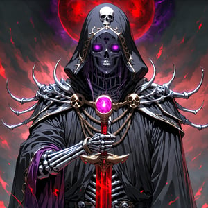 score_9, score_8_up, score_7_up, source_anime, speedlines, expressive, best quality, detailed eyes, perfect face, perfect hands, image focus on lich, (1man, lich, skeleton, undead), (skull face), black robe, glowing purple eyes, hooded, red, holding cursed long sword, pointing sword at viewer, necromancer, dark magic, soul magic, souls, evil, darkness, dread, fear, sinister