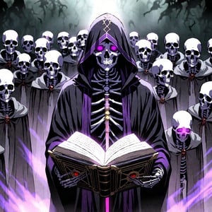 score_9, score_8_up, score_7_up, source_anime, speedlines, expressive, best quality, detailed eyes, perfect face, perfect hands, image focus on lich, (1man, lich, skeleton, undead), (skull face), black rope, glowing purple eyes, hooded, book of death, staff of decay, souls, soul magic, dark, magic, necromancer, undead, evil, army of dead, undead warriors. zombies, ghosts, dread, fear