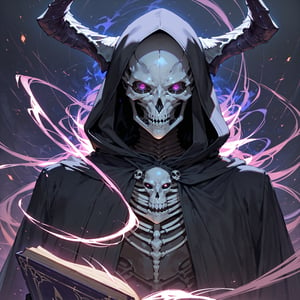 Prompt: score_9, score_8_up, score_7_up, source_anime, speedlines, expressive, best quality, detailed eyes, perfect face, perfect hands, ((portrait)), ((close up)), (solo), (lich) skeleton, towering, bulky, glowing purple eyes, skull mask, demon horns, long purple hooded cloak, gloves, black robe, dark magic, soul magic, book of death, necromancer, souls, looking down on you, pointing at you,