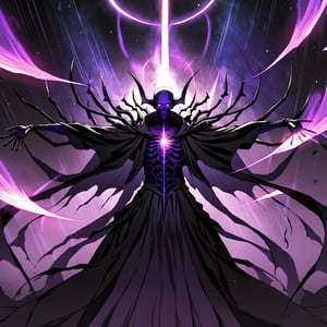 score_9, score_8_up, score_7_up, source_anime, speedlines, expressive, best quality, detailed eyes, perfect face, perfect hands, ((dark celestialskin body, Celestrial, void cosmic body, Universe)), (male), (lich) skeleton, towering, bulky, glowing purple eyes, skull mask, hooded, black robe, dark magic, soul magic, necromancer, souls, looking at viewer, ((manical laughter)), Evil,