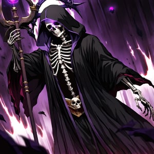 score_9, score_8_up, score_7_up, source_anime, speedlines, expressive, best quality, detailed eyes, perfect face, perfect hands, image focus on lich, (1man, lich, skeleton, undead), (skull face), black robe, glowing purple eyes, hooded, book of death, staff of decay, souls, soul magic, dark, magic, necromancer, undead, evil, ((burning a pair of red greatpants), dread, fear,csr style