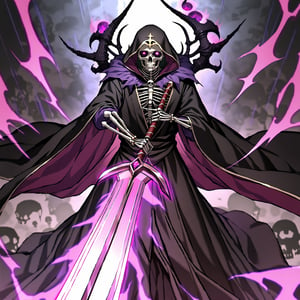 score_9, score_8_up, score_7_up, source_anime, speedlines, expressive, best quality, detailed eyes, perfect face, perfect hands, image focus on lich, (1man, lich, skeleton, undead), (skull face), black robe, glowing purple eyes, hooded, red, holding cursed long sword, pointing sword at viewer, necromancer, dark magic, soul magic, souls, evil, darkness, dread, fear, sinister,