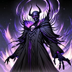 score_9, score_8_up, score_7_up, source_anime, speedlines, expressive, best quality, detailed eyes, perfect face, perfect hands, ((dark celestialskin body, Celestrial, void cosmic body, Universe)), (male), (lich) skeleton, towering, bulky, glowing purple eyes, skull mask, hooded, black robe, dark magic, soul magic, necromancer, souls, looking at viewer, ((manical laughter)), Evil,