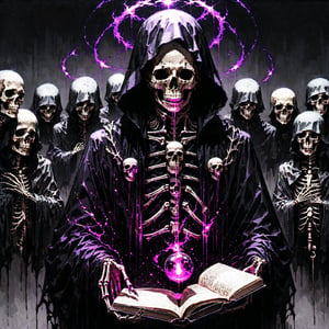 score_9, score_8_up, score_7_up, source_anime, speedlines, expressive, best quality, detailed eyes, perfect face, perfect hands, image focus on lich, (1man, lich, skeleton, undead), (skull face), black robe, glowing purple eyes, hooded, book of death, staff of decay, souls, soul magic, dark, magic, necromancer, undead, evil, army of dead, undead warriors. zombies, ghosts, dread, fear,