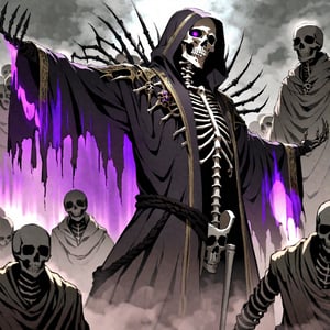 score_9, score_8_up, score_7_up, source_anime, speedlines, expressive, best quality, detailed eyes, perfect face, perfect hands, image focus on lich, (1man, lich, skeleton, undead), (skull face), black rope, glowing purple eyes, hooded, book of death, staff of decay, souls, soul magic, dark, magic, necromancer, undead, evil, army of dead, undead warriors. zombies, ghosts, dread, fear