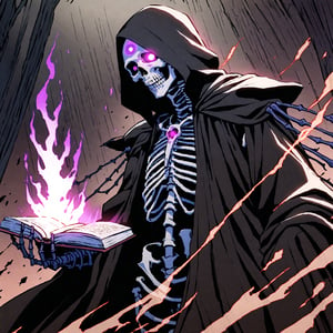 score_9, score_8_up, score_7_up, source_anime, speedlines, expressive, best quality, detailed eyes, perfect face, perfect hands, image focus on lich, (1man, lich, skeleton, undead), (skull face), black robe, glowing purple eyes, hooded, book of death, staff of decay, souls, soul magic, dark, magic, necromancer, undead, evil, ((burning a pair of red greatpants), dread, fear,