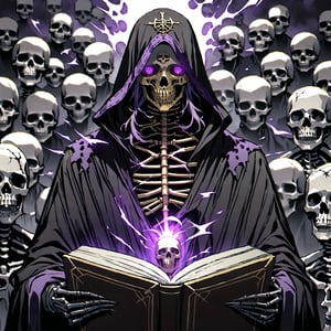 score_9, score_8_up, score_7_up, source_anime, speedlines, expressive, best quality, detailed eyes, perfect face, perfect hands, image focus on lich, (1man, lich, skeleton, undead), (skull face), black robe, glowing purple eyes, hooded, book of death, staff of decay, souls, soul magic, dark, magic, necromancer, undead, evil, army of dead, undead warriors. zombies, ghosts, dread, fear,sinozick style