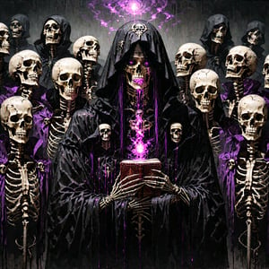 score_9, score_8_up, score_7_up, source_anime, speedlines, expressive, best quality, detailed eyes, perfect face, perfect hands, image focus on lich, (1man, lich, skeleton, undead), (skull face), black robe, glowing purple eyes, hooded, book of death, staff of decay, souls, soul magic, dark, magic, necromancer, undead, evil, army of dead, undead warriors. zombies, ghosts, dread, fear,