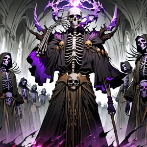 score_9, score_8_up, score_7_up, source_anime, speedlines, expressive, best quality, detailed eyes, perfect face, perfect hands, image focus on lich, (1man, lich, skeleton, undead), (skull face), black robe, glowing purple eyes, hooded, book of death, staff of decay, souls, soul magic, dark, magic, necromancer, undead, evil, army of dead, undead warriors. zombies, ghosts, dread, fear,