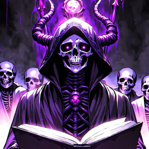 score_9, score_8_up, score_7_up, source_anime, speedlines, expressive, best quality, detailed eyes, perfect face, perfect hands, image focus on lich, (1man, lich, skeleton, undead), (skull face), black rope, glowing purple eyes, hooded, book of death, staff of decay, souls, soul magic, dark, magic, necromancer, undead, evil, army of dead, undead warriors. zombies, ghosts, dread, fear