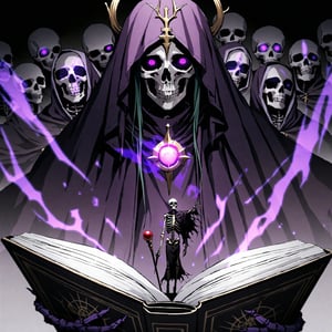 score_9, score_8_up, score_7_up, source_anime, speedlines, expressive, best quality, detailed eyes, perfect face, perfect hands, image focus on lich, (1 lich, skeleton), black rope, glowing purple eyes, hooded, book of death, staff of decay, souls, soul magic, dark, magic, necromancer, evil, army of dead, undead warriors. zombies, ghosts, dread, fear