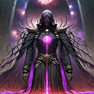 score_9, score_8_up, score_7_up, source_anime, speedlines, expressive, best quality, detailed eyes, perfect face, perfect hands, ((dark celestialskin body, Celestrial, void cosmic body, Universe)), (male), (lich) skeleton, towering, bulky, glowing purple eyes, skull mask, hooded, black robe, dark magic, soul magic, necromancer, souls, looking at viewer, ((manical laughter)), Evil,