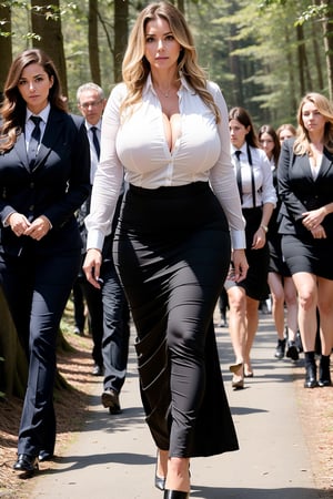 Very attractive European school teacher, mature, slim and athletic figure, very long wavy and messy hair, walking in the forest (((with a group of students))). Wearing an elegant business attire with a very long business skirt and attractive high heels. She is hiding her huge bust under an oversized ((high-necked business shirt)). One button of her shirt is popped off.