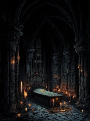 Dark art comic style illustration of an ancient crypt, the walls are made of cold, grey stone, covered in moss and mould due to the passage of time. The ceiling rises in gothic arches, casting shadows in the dark corners. The environment is lit only by hundreds of candles of different sizes, placed in iron candlesticks and on the floor. The flickering candlelight creates a play of light and shadow that dances on the walls, casting eerie, ethereal figures. In the centre, an ancient sarcophagus sits, covered in dust and surrounded by votive candles. The name of the deceased is engraved on the stone, though barely legible. The atmosphere is dense, heavy with history and memories, and every corner seems to whisper forgotten secrets, very elaborate and detailed, very fine and intricate details, very contrasting shadows, no noise, 2k resolution, very focused, single source of very strong overhead lighting that highlights its figure "bodies not glued together" "no deformations"