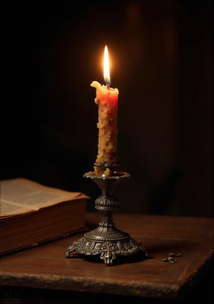 Studio photography of a burning and very consumed wax candle, the remains of melted wax fall down one of its sides, it is held by a very elaborate metal candle holder from the 16th century, it is on a very elaborate wooden table next to an old book with yellowed pages and somewhat torn, very elaborate and detailed, very fine and intricate details, very contrasted shadows, no noise, 2k resolution, very focused, single source of very strong overhead lighting that focuses on his face "bodies not glued together" "without deformations"