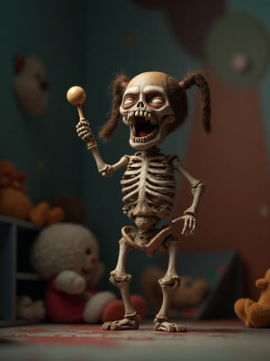 Full body image of a skeleton of a little girl with hair and two pigtails on her head, screaming angrily while holding a rattle in her right hand, in a very colorful nursery room and surrounded by stuffed animals, "bones with pores", dark style, 8K, ultra detailed, best quality, superfine, detailed light, realistic lighting
Negative rating, very elaborate and detailed, very fine and intricate details, very contrasting shadows, no noise, very focused, only very strong side lighting source that focuses on her face