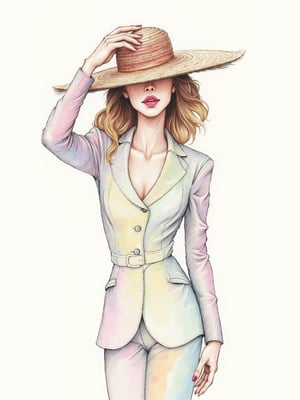 Full color watercolor drawing, woman in a pastel colored cloth suit that outlines her silhouette and a large hat, brown hair with blonde highlights, 2k resolution, ultra detailed, best quality, superfine, detailed light, realistic lighting
Negative rating, very elaborate and detailed, very fine and intricate details, very contrasting shadows, no noise, very focused, single very strong side light source that focuses on her face