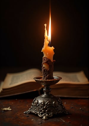 Studio photography of a burning and very consumed wax candle, it is held by a very elaborate metal candle holder from the 16th century, it is on a very elaborate wooden table next to an old book with yellowed pages and somewhat torn, very elaborate and detailed, very fine and intricate details, very contrasted shadows, no noise, 2k resolution, very focused, single source of very strong overhead lighting that focuses on his face "bodies not glued together" "without deformations"