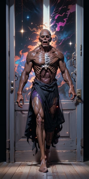      Walking Dead breaking a wooden door with his hands, his body is decomposed, corrupted and rotten, hungry facial expression ultra high detail bodies, horror (theme), masterpiece, hyper detail, high quality, 8k, hdr, surrealism, glorious epic, (shiny shimmering nebula background)