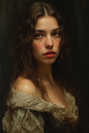 OIL PAINTING, Oil on canvas portrait in the style of Goya of a 30-year-old woman with long, somewhat curly, darkly highlighted hair, wearing elaborate period clothing and looking directly into the camera. The scene is lit with highly contrasting shadows, which emphasize her striking features. She wears loose clothing with intricate, detailed folds, capturing the texture and movement of the fabric. The composition is centered, focusing on her serene yet captivating expression, depicted with visible brush strokes and detailed application of oil, reminiscent of Goya's work, realistic canvas texture, brush stroke marks with volume.