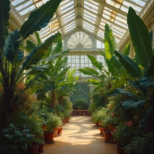 Oil painting of the interior of a Victorian-era English greenhouse filled with treoadora plants, very elaborate and detailed, very fine and intricate details, very contrasting shadows, very strong overhead lighting, no noise, 2k resolution, very focused, single source of dim side lighting "no artificial glare",OIL PAINTING