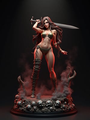   Diorama Ultra realistic and detailed resin figure of a female warrior with a metallic bikini, carrying a sword, brown hair with blonde highlights, slim and muscular body, "without a base" "without support", dynamic attack position, a red aura of power runs through her body, dense fog descends at her feet, terrifying decoration of skulls around her creating a three-dimensional environment, she is in a gloomy cavern with stalactites and stalagmites creating a three-dimensional environment, very elaborate and detailed, very fine and intricate details, very contrasted shadows, very strong upper lighting, hands with five fingers of normal proportions, no glare, 2k resolution, ultra detailed, best quality, superfine, detailed lighting,
Negative indication, very elaborate and detailed, very fine and intricate details, no noise, very focused, ULTRA REALISTIC RESIN FIGURE