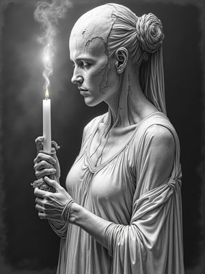 Realistic pencil illustration of a wax woman who is melting while holding a candle in her hands, very elaborate and detailed, very fine and intricate details, very contrasted shadows, no noise, 2k resolution, very focused, single source of very strong overhead lighting that highlights her figure "bodies not glued together" "without deformations"