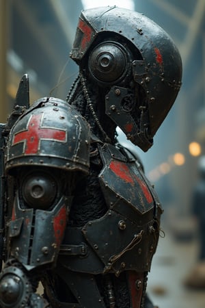    Humanoid combat android with black, red and white colors, in a robot factory looking for parts to repair itself, very elaborate and detailed, very fine details, very contrasting shadows, overhead lighting, MECH,COMBAT ARMOR,MEDIEVAL ARMOR