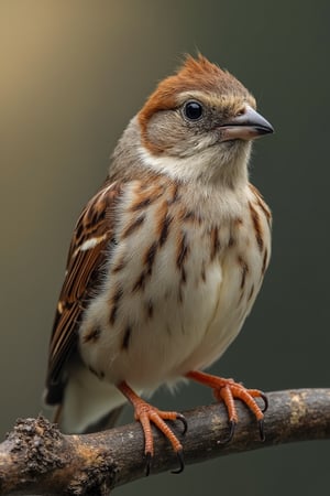 sparrow resting on a branch, very elaborate and detailed, very fine details, very contrasting shadows, strong frontal overhead lighting