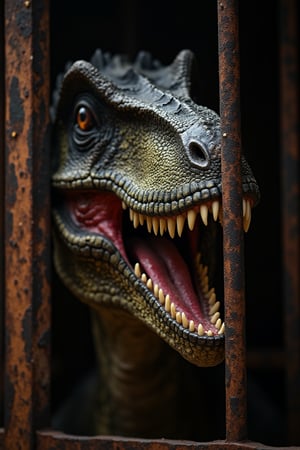 Close-up of a velociraptor that has poked its head out from between the bars of a very rusty steel cage, it has its mouth open full of teeth, strong overhead side lighting, very contrasted shadows, head in focus, dark and out-of-focus background