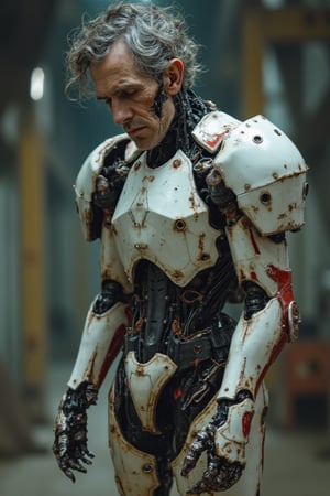  Full body image of a humanoid combat android with white, red and white colors, its head is that of a 45-year-old man with very detailed skin with pores and wrinkles due to age, black hair with gray hair somewhat curly and tangled, in a robot factory looking for parts to repair itself, very elaborate and detailed, very fine details, very contrasting shadows, overhead lighting,  MECH,COMBAT ARMOR,MEDIEVAL ARMOR