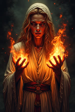 Comic style illustration of a sorceress performing a powerful fire spell between her hands, very elaborate and detailed, very fine details, very contrasting shadows, strong frontal overhead lighting, nothing else burns in the scene