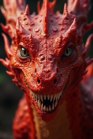 A close-up of a red fire dragon with an elongated jaw and mouth, showcasing perfect and detailed eyes that are very focused. The dragon's fine and pointed teeth are meticulously rendered, capturing every nuance. The lighting is dramatic, highlighting the fiery essence of the creature. The composition is tight, emphasizing the intense gaze and menacing presence. High detail, 8k resolution, with sharp focus on the dragon's eyes, elongated jaw, and teeth.