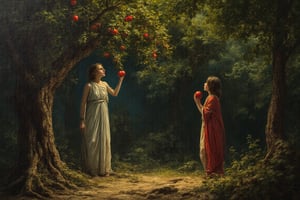 OIL PAINTING on canvas of the Garden of Eden with Eve picking an apple from the forbidden tree. The scene is illuminated with highly contrasted shadows, depicted with visible brushstrokes and detailed application of oil, realistic texture of the canvas, brush marks with a lot of volume and marked relief.