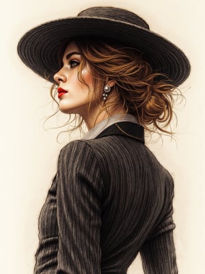 Full color wax drawing, woman with a cloth suit that marks her silhouette and a large hat, brown hair with blonde highlights, 2k resolution, ultra detailed, best quality, superfine, detailed light, realistic lighting
Negative rating, very elaborate and detailed, very fine and intricate details, very contrasting shadows, no noise, very focused, only very strong side lighting source that focuses on her face