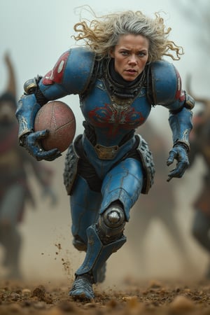 Full body image of a humanoid combat android with blue, red and white colors, it is running with a spiked rugby ball between a melee of orcs, its head is that of a 45 year old woman with very detailed skin with pores and wrinkles due to age, blonde hair with gray somewhat curly and tangled, dragon-type armor, very elaborate and detailed, very fine details, very contrasting shadows, overhead lighting, MECH,COMBAT ARMOR,MEDIEVAL ARMOR