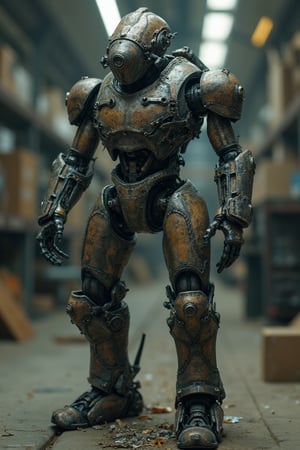 Humanoid combat android in a robot factory looking for parts to repair itself, very elaborate and detailed, very fine details, very contrasting shadows, overhead lighting,MECH,COMBAT ARMOR,MEDIEVAL ARMOR