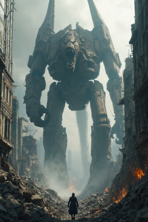  80-meter dragon-shaped mech walking between the skyscrapers of a destroyed futuristic city, holding a skyscraper with one of its hands, some of the skyscrapers emit flames and smoke, very elaborate and detailed, very contrasted and detailed shadows, 32k resolution MECH,COMBAT ARMOR, MECHA,MEDIEVAL ARMOR