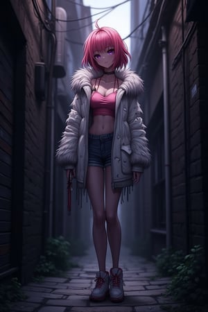 Digitized and three-dimensional anime of a 23-year-old woman with furry clothing and short pink hair in a dark alley, very elaborate and detailed, very fine and intricate details, very contrasted shadows, no noise, 2k resolution, very focused, single source of very strong overhead lighting that highlights her figure "bodies not glued together" "without deformations"