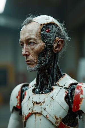  Full body image of a humanoid combat android with white, red and white colors, its head is that of a 45-year-old man with very detailed skin with pores and wrinkles due to age, black hair with gray hair somewhat curly and tangled, in a robot factory looking for parts to repair itself, very elaborate and detailed, very fine details, very contrasting shadows, overhead lighting,  MECH,COMBAT ARMOR,MEDIEVAL ARMOR