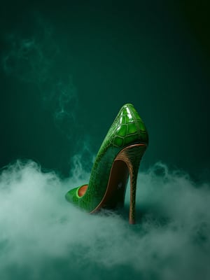 Artistic composition for product photography of a crocodile skin stiletto shoe in various shades of green, titanium-colored metal heel, soft fog around it creating a three-dimensional effect, very elaborate and detailed, very fine and intricate details, very contrasting shadows, studio lighting with two light sources, a strong 45-degree front light and another soft overhead light, noise-free, 2k resolution, very focused